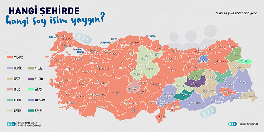 İllere göre en yaygın soy isimleri