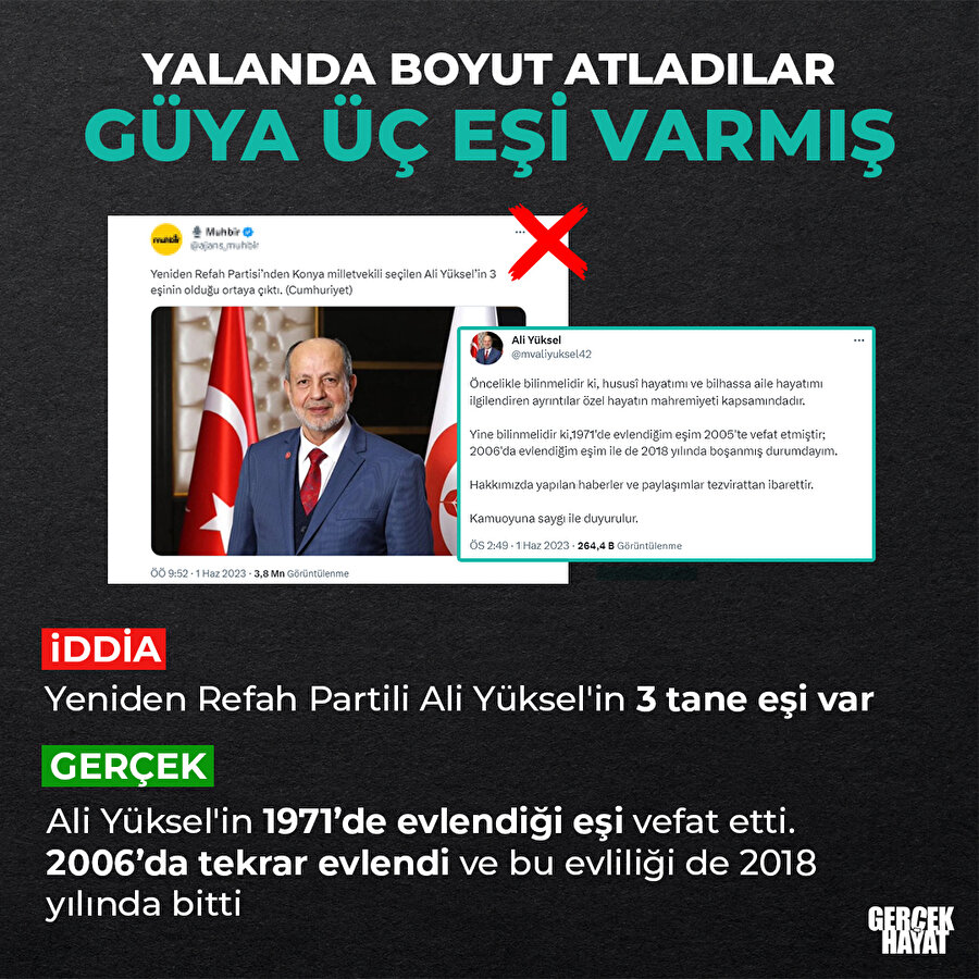 Ali Yüksel'in 3 eşi olduğu iddiası yalan