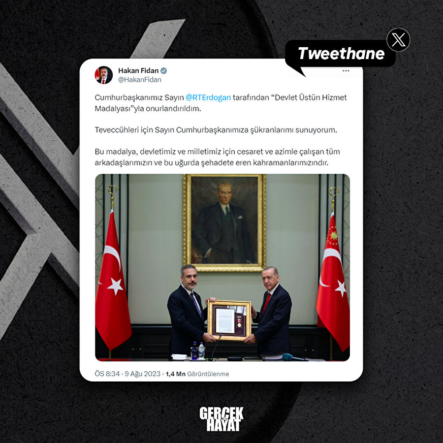 Erdoğan'dan Fidan'a 'üstün hizmet madalyası'