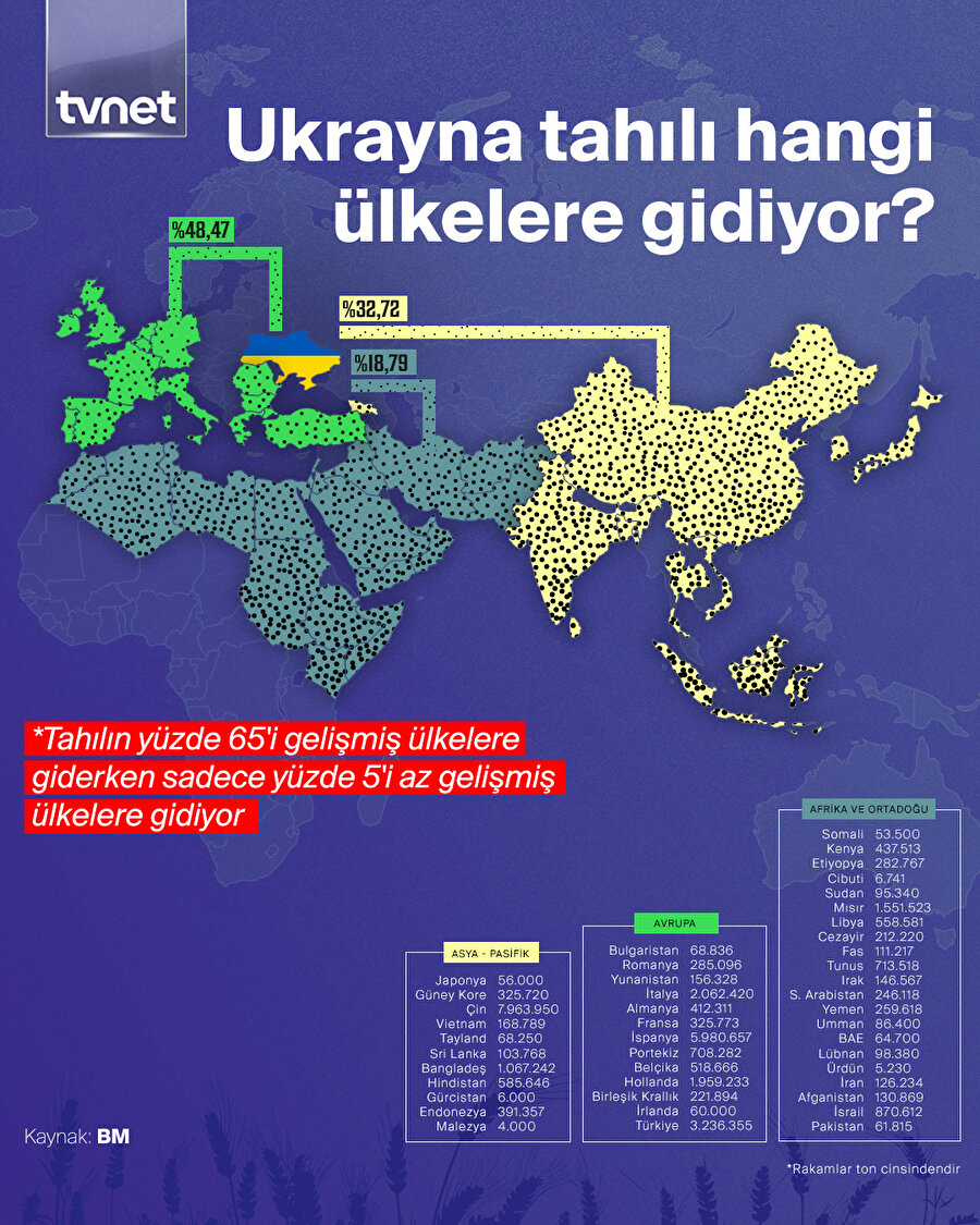 En çok tahıl hangi kıtaya ulaştı?