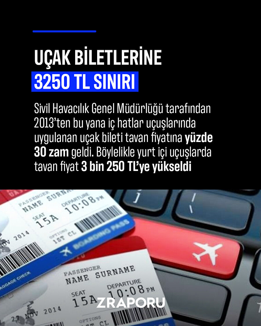 Uçak biletlerinin tavan fiyatı 3 bin 250 TL oldu