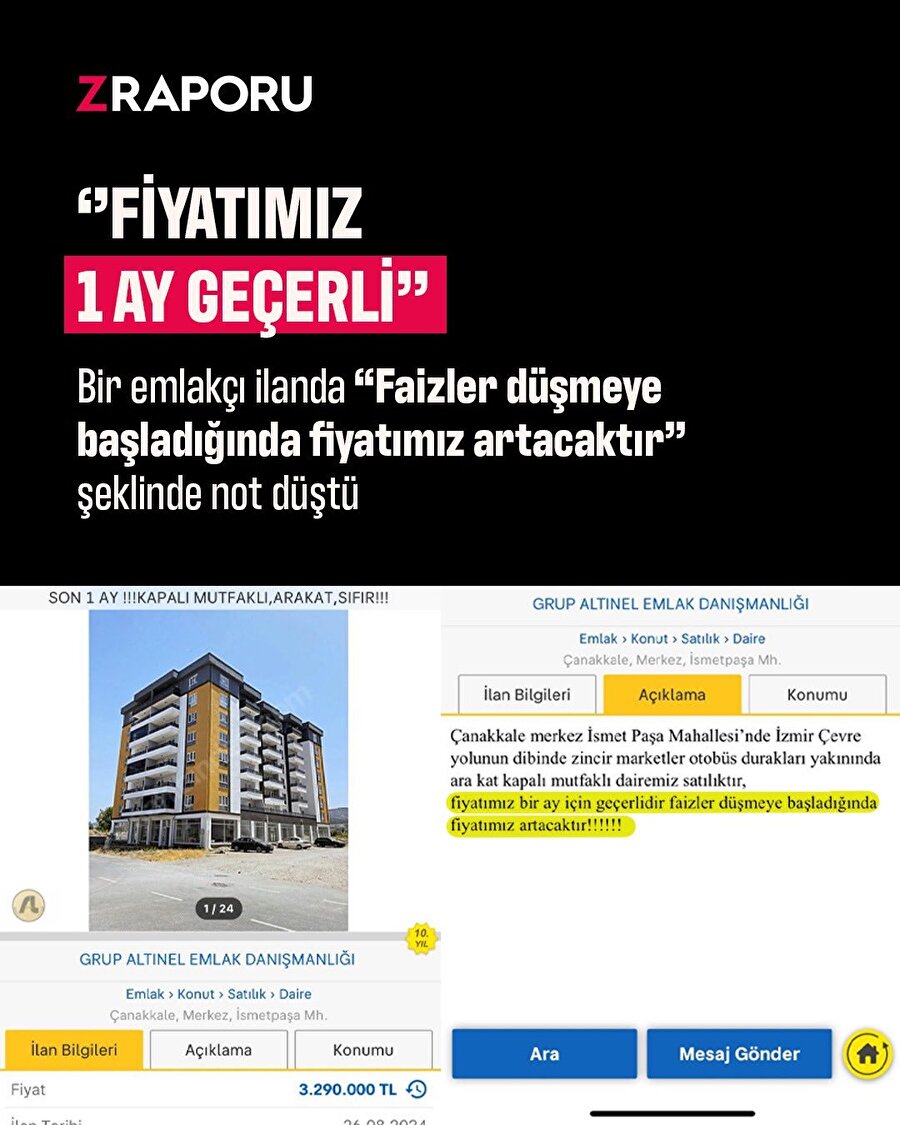 Emlakçının açıklama kısmına düştüğü not: Fiyatımız 1 ay geçerli