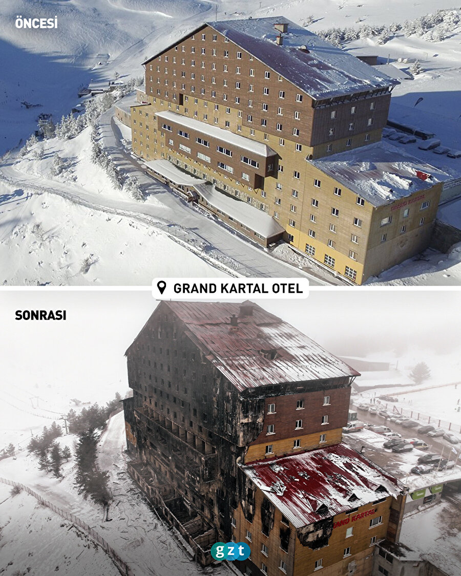 Bolu Kartalkaya'daki yanan otelin öncesi ve sonrası