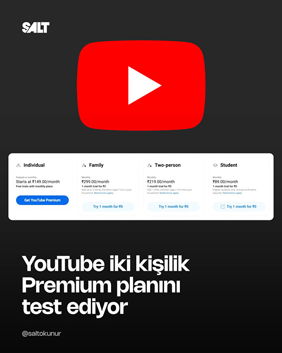 🔵Youtube Premium iki kişilik kullanımı sunacak