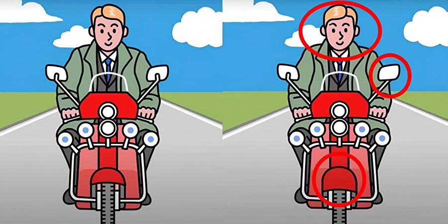 İşte cevap burada!
Adamın saçının yönüne, motosikletin aynasına ve tekerin üstündeki çamurluğa dikkat edenler zorlanmadan 3 farkı bulmayı başardı. Yüksek IQ sahibi arkadaşlarımızı tebrik ediyoruz.