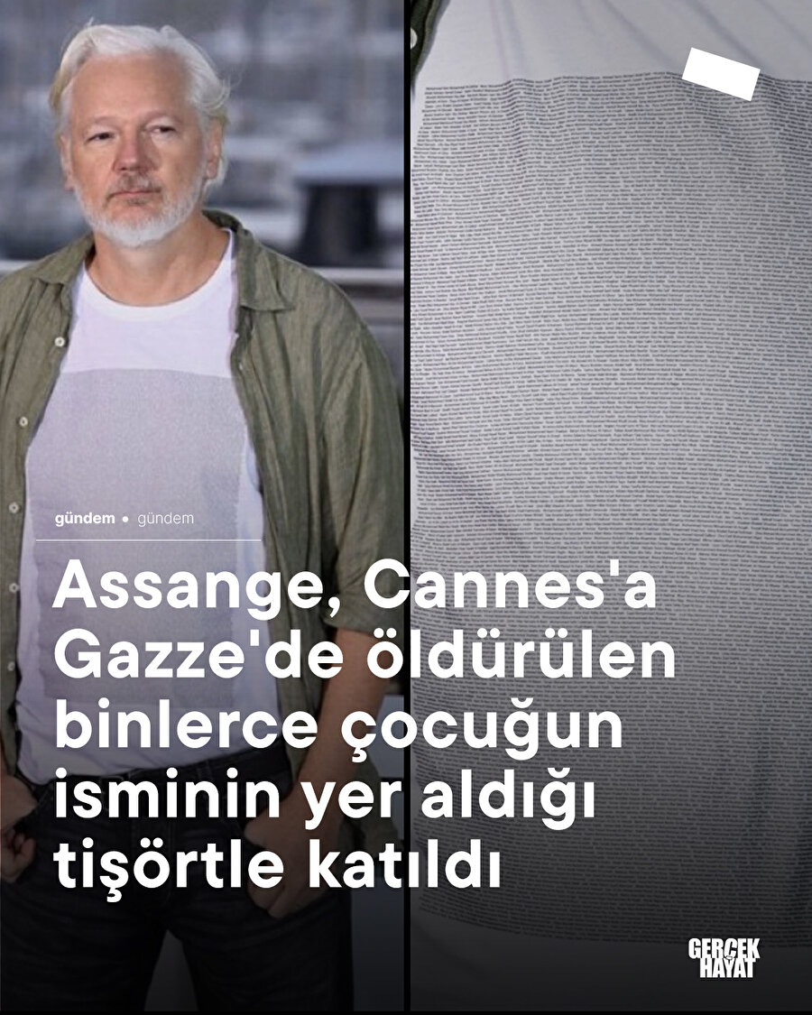Wikileaks kurucusu Julian Assange, Cannes'a Gazze'de öldürülen binlerce çocuğun isminin yer aldığı tişörtle katıldı 