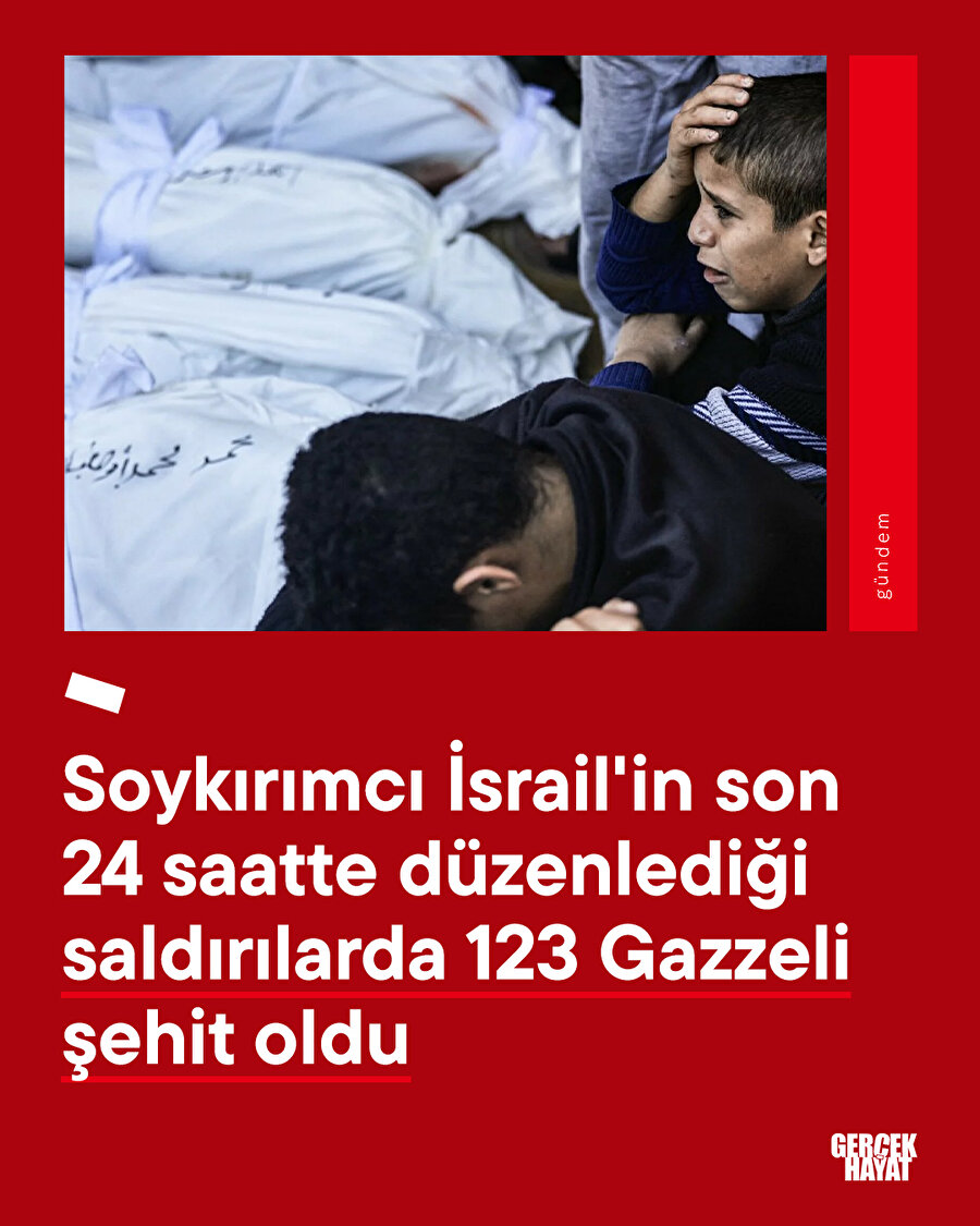 Soykırımcı İsrail'in son 24 saatte düzenlediği saldırılarda 123 Gazzeli şehit oldu