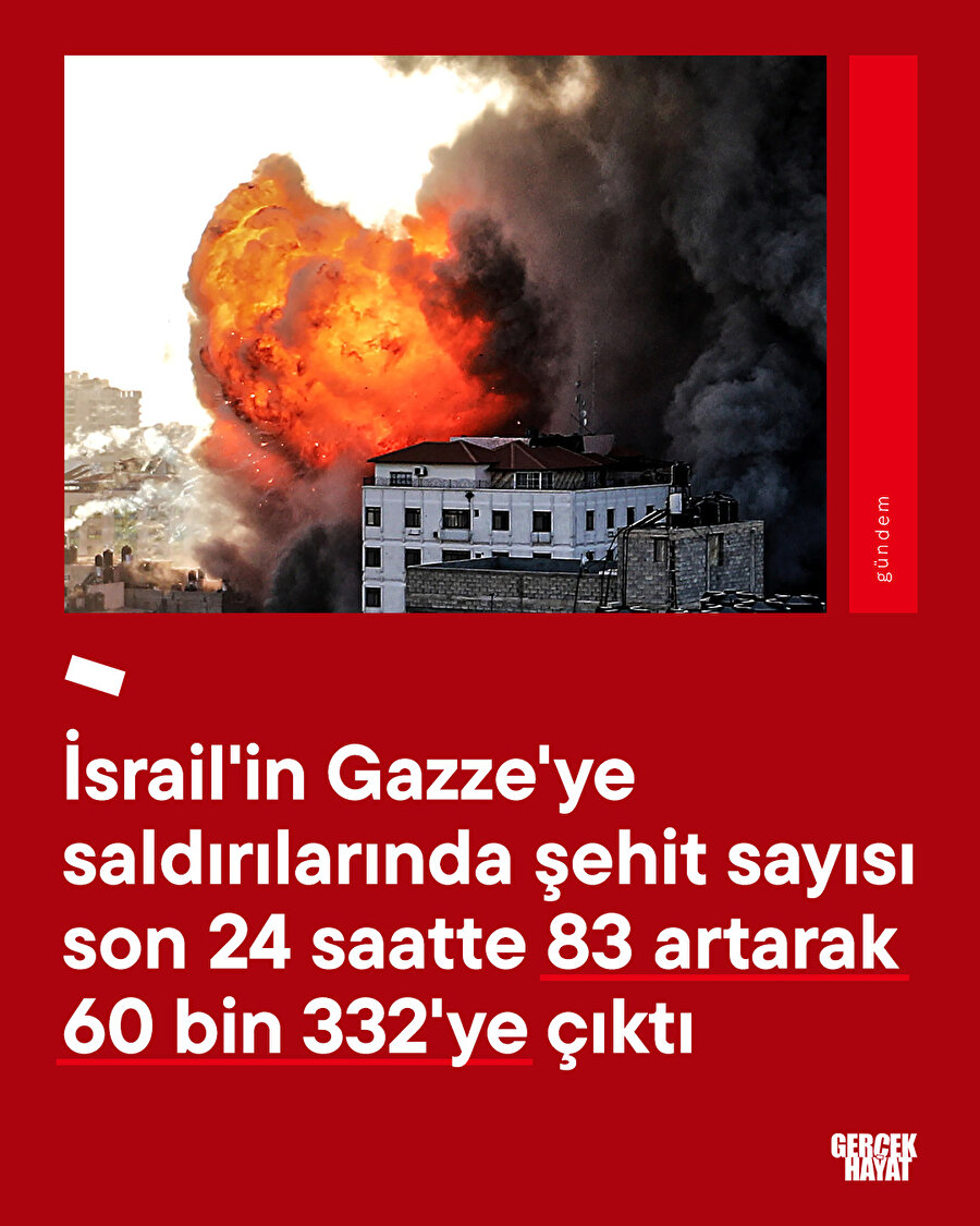 İsrail'in Gazze'ye saldırılarında şehit sayısı son 24 saatte 83 artarak 60 bin 332'ye çıktı