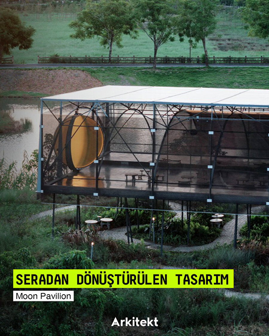 Eski bir seradan dönüştürülen Moon Pavilion, yarı geçirgen kabuğuyla öne çıkıyor 