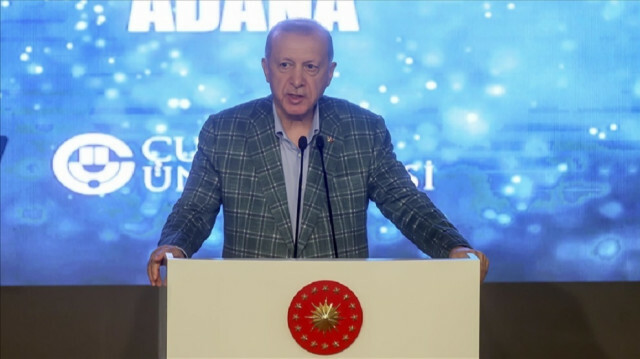 Turkish President and leader of the Justice and Development Party (AK Party) Recep Tayyip Erdogan speaks during mass opening ceremonies in Adana, Turkey on October 09, 2021. ( Halil Sagirkaya - Anadolu Agency )