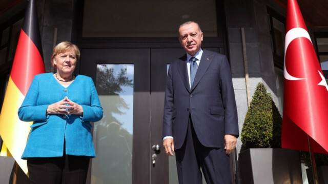 Turkish President Recep Tayyip Erdogan meets German Chancellor Angela Merkel at Huber Mansion in Istanbul, Turkey on October 16, 2021.