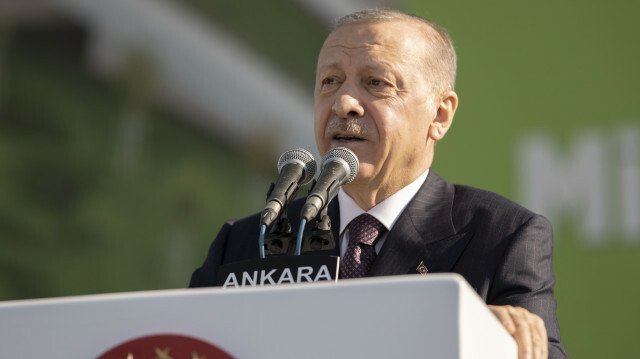 Turkish President Recep Tayyip Erdogan speaks during an inauguration ceremony of AKM National Garden in Turkish Capital Ankara on October 28, 2021.