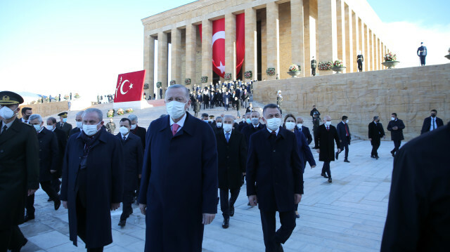 Turkish President Recep Tayyip Erdogan, Turkish Parliament Speker Mustafa Sentop, Turkish Vice President Fuat Oktay and Cabinet members attend a ceremony at Anitkabir, the mausoleum of Turkish Republic's Founder Mustafa Kemal Ataturk, during the 83rd anniversary of his demise, in Ankara, Turkey on November 10, 2021.