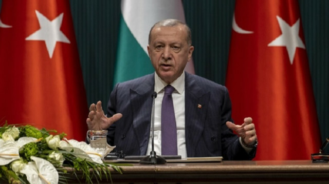 Turkish President Recep Tayyip Erdogan and Prime Minister of Hungary, Victor Orban (not seen) hold a joint press conference after their meeting at the Presidential Complex in Ankara, Turkey on November 11, 2021. ( Ali Balikci - Anadolu Agency )