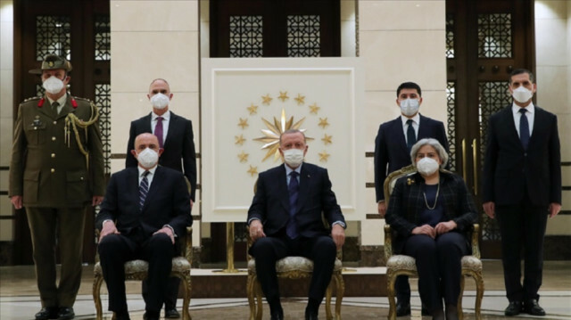 Turkish President Recep Tayyip Erdogan (front C) poses for a photo with Australian Ambassador to Ankara Miles Robert Armitage (front L) and officials after receiving a letter of credence at the Presidential Complex in Ankara, Turkey on October 14, 2021. ( Murat Kula - Anadolu Agency )