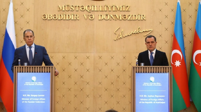 Russian Foreign Minister Sergey Lavrov (L) and Azerbaijani Foreign Minister Jeyhun Bayramov (R) hold joint press conference after their meeting in Baku, Azerbaijan on May 11, 2021. ( Resul Rehimov - Anadolu Agency )