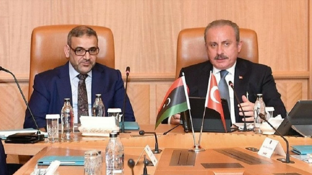 Chairman of the Libyan High Council of State Khalid al-Mishri (L) Turkey’s Parliament Speaker Mustafa Sentop (R)