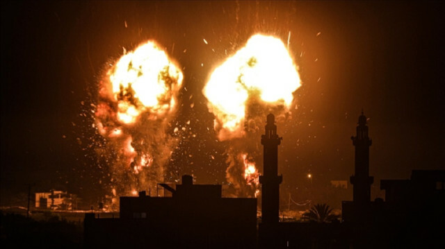 Flames are seen after an Israeli air strike hit Hamas targets in Gaza City, Gaza on June 15, 2021. ( Ali Jadallah - Anadolu Agency )