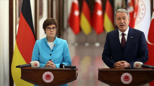 Turkish National Defense Minister Hulusi Akar and German Defense Minister Annegret Kramp-Karrenbauer hold a joint press conference after their meeting in Ankara, Turkey on June 17, 2021. ( Arif Akdoğan - Anadolu Agency )
