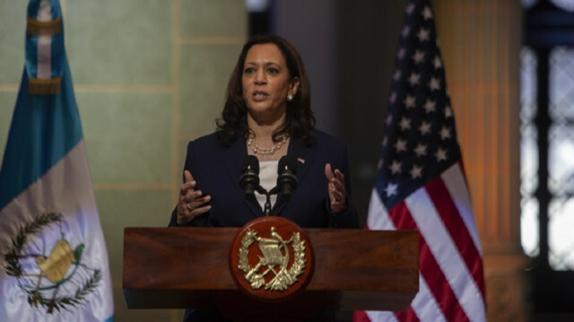 Vice President of the United States Kamala Harris speaks during a joint press conference held with President of Guatemala Alejandro Giammattei (not seen) at the National Palace of Culture, Guatemala City, Guatemala on June 07, 2021. ( Luis Vargas - Anadolu Agency )