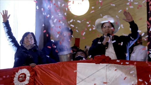 Pedro Castillo celebrates with his supporters after he was officially declared the winner of the second round of presidential election in Lima, Peru on July 20, 2021. ( Klebher Vasquez - Anadolu Agency )