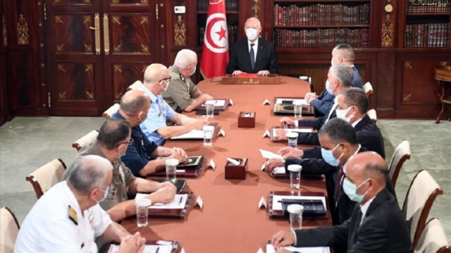 Tunisian President Kais Saied (Rear C) holds a meeting with security officials and military command echelon at the Carthage Palace in Tunis, Tunisia on July 28, 2021. ( Tunisian Presidency - Anadolu Agency )