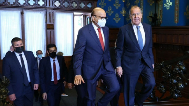 Bahraini Foreign Minister Abdullatif bin Rashid al-Zayani (2nd R) meets Russian Foreign Minister Sergey Lavrov (R) in Moscow, Russia on July 2, 2021. ( Russian Foreign Ministry - Anadolu Agency )