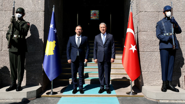  Turkish National Defense Minister Hulusi Akar (C-R) meets Kosovan counterpart Armend Mehaj (C-L) at Defense Ministry headquarters in Ankara, Turkey on September 17, 2021.