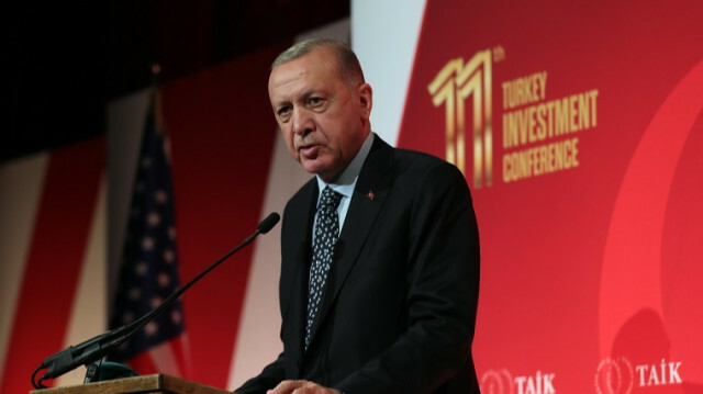 Turkish President Recep Tayyip Erdogan makes a speech during 11th Turkey Investment Conference organized by The Turkey-U.S. Business Council (TAIK) in New York, United States on September 20, 2021. ( Mustafa Kamacı - Anadolu Agency )