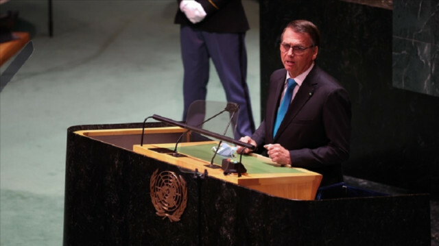 President of Brazil Jair Bolsonaro speaks during the 76th session of United Nations General Assembly, in New York, United States on September 21, 2021. ( Tayfun Coşkun - Anadolu Agency )