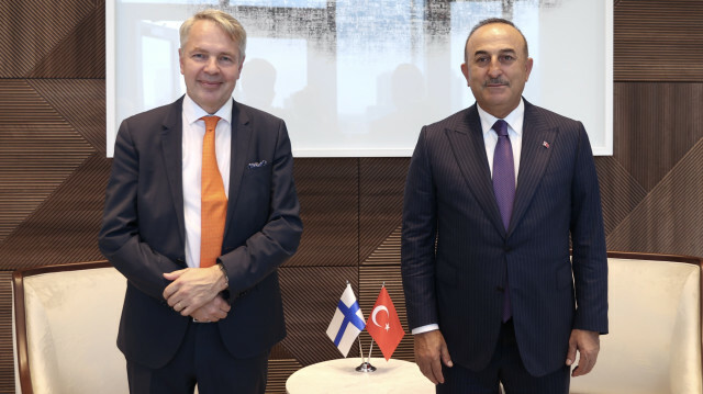 Turkish Foreign Minister Mevlut Cavusoglu meets Finnish Foreign Minister Pekka Haavisto in New York, United States on September 22, 2021.