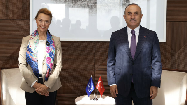 Turkish Foreign Minister Mevlut Cavusoglu meets Secretary General of the Council of Europe, Marija Pejcinovic Buric in New York, United States on September 22, 2021.