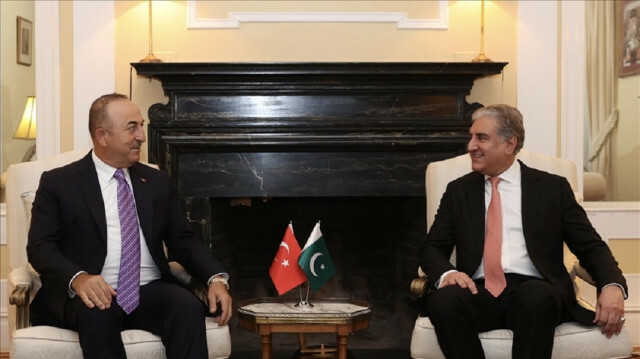Turkish Foreign Minister Mevlut Cavusoglu meets Pakistani Foreign Minister Shah Mahmood Qureshi in New York, United States on September 23, 2021.