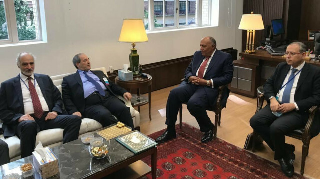 Egyptian Foreign Minister Sameh Shoukry meets Syrian Foreign Minister, Faisal Mekdad on the sidelines of the 76th session of United Nations General Assembly, in New York, United States on September 24, 2021.