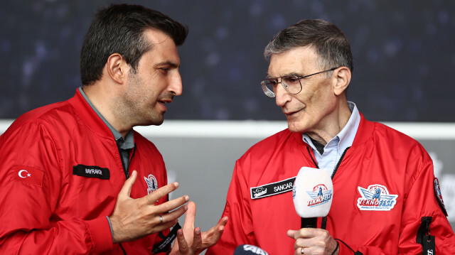Nobel laureate in chemistry, Prof. Dr. Aziz Sancar and Chairman of T3 and board chairman of TEKNOFEST, Selcuk Bayraktar visit TEKNOFEST 2021 the Aviation, Space and Technology Festival at Ataturk Airport in Istanbul, Turkey on September 24, 2021.