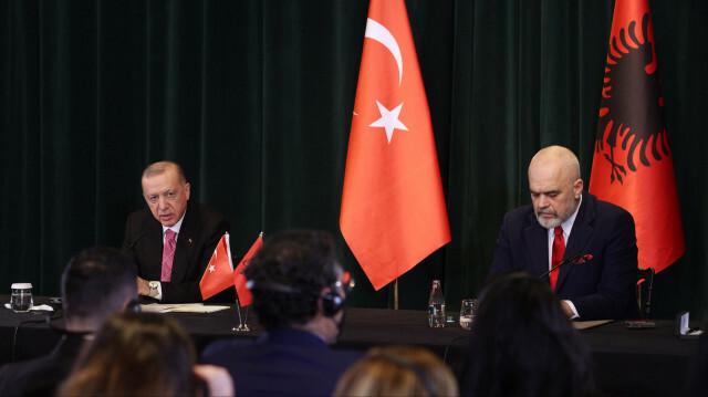 Turkish President Recep Tayyip Erdogan and Albanian Prime Minister Edi Rama hold a joint press conference after their meeting in Tirana, Albania on January 17, 2022.