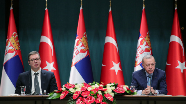 Turkish President Recep Tayyip Erdogan and Serbian President Aleksandar Vucic hold a joint press conference after their meeting at the Presidential Complex in Ankara, Turkiye on January 18, 2022.