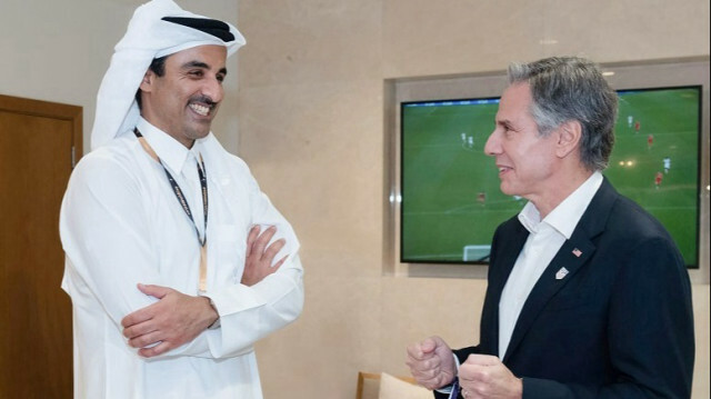 US Secretary of State Antony Blinken (R) meets with Emir of Qatar Sheikh Tamim bin Hamad Al-Thani (L) during the 5th annual United States - Qatar Strategic Dialogue meeting in Doha, Qatar on November 22, 2022.