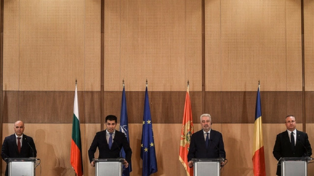 North Macedonia's Prime Ministers Dimitar Kovacevski (L), Bulgaria's Prime Minister Kiril Petkov (2L), Montenegro's Zadravko Krivokapic (2R) and Romania's Nicolae Ciuca (R) hold a joint press conference during a meeting of NATO leaders of Southeast Europe in Sofia, Bulgaria on March 28, 2022.