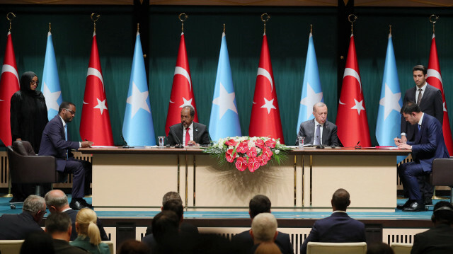 Turkish President Recep Tayyip Erdogan and President of Somalia Hassan Sheikh Mohamud attend signing ceremony of the agreements between two countries in Ankara, Turkiye on July 06, 2022.