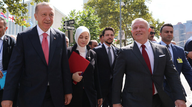 Turkish President Recep Tayyip Erdogan and Abdullah II King of Jordan walk to Turkevi Center after the 77th session of the United Nations General Assembly in New York, United States on September 20, 2022.