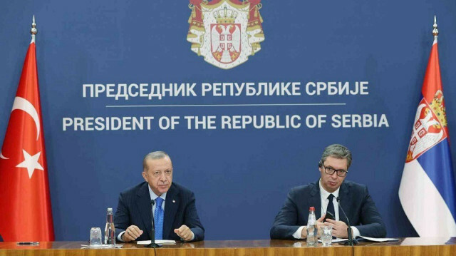 Turkish President Recep Tayyip Erdogan (L) and Serbian President Aleksandar Vucic (R) attend bilateral agreement signing ceremony between Türkiye and Serbia at the Serbian Presidential Palace in Belgrade, Serbia on September 07, 2022.