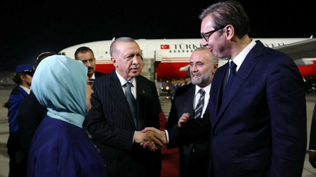 Turkish President Recep Tayyip Erdogan (C) and his wife Emine Erdogan (L) are being welcomed by Serbian President Aleksandar Vucic (R) their arrival at Nikola Tesla Airport in Belgrade, Serbia on September 06, 2022.