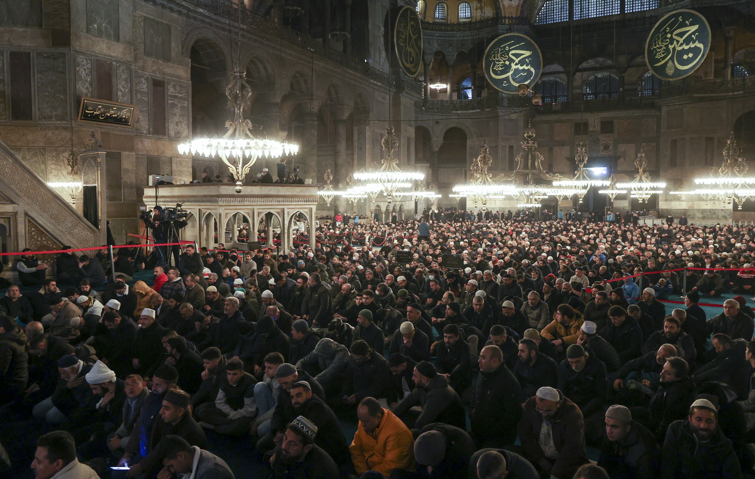 Muslims gather for morning prayer in Hagia Sophia Grand Mosque