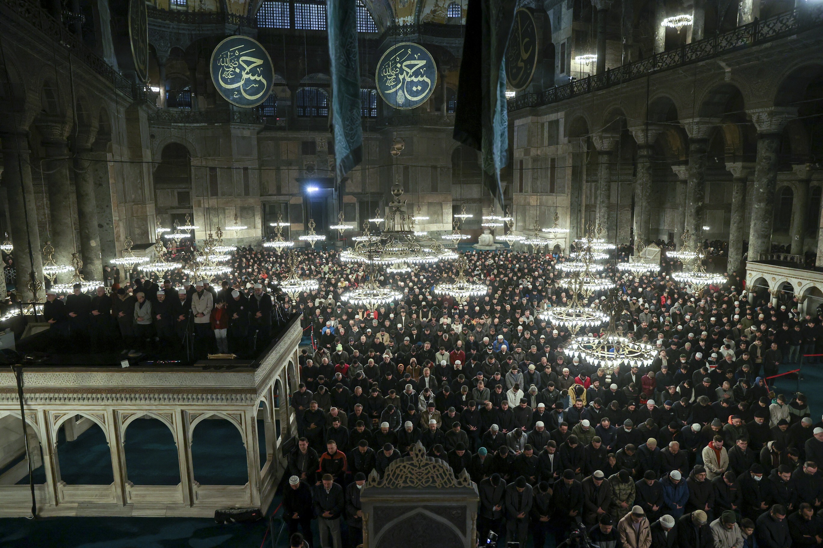 Muslims gather for morning prayer in Hagia Sophia Grand Mosque