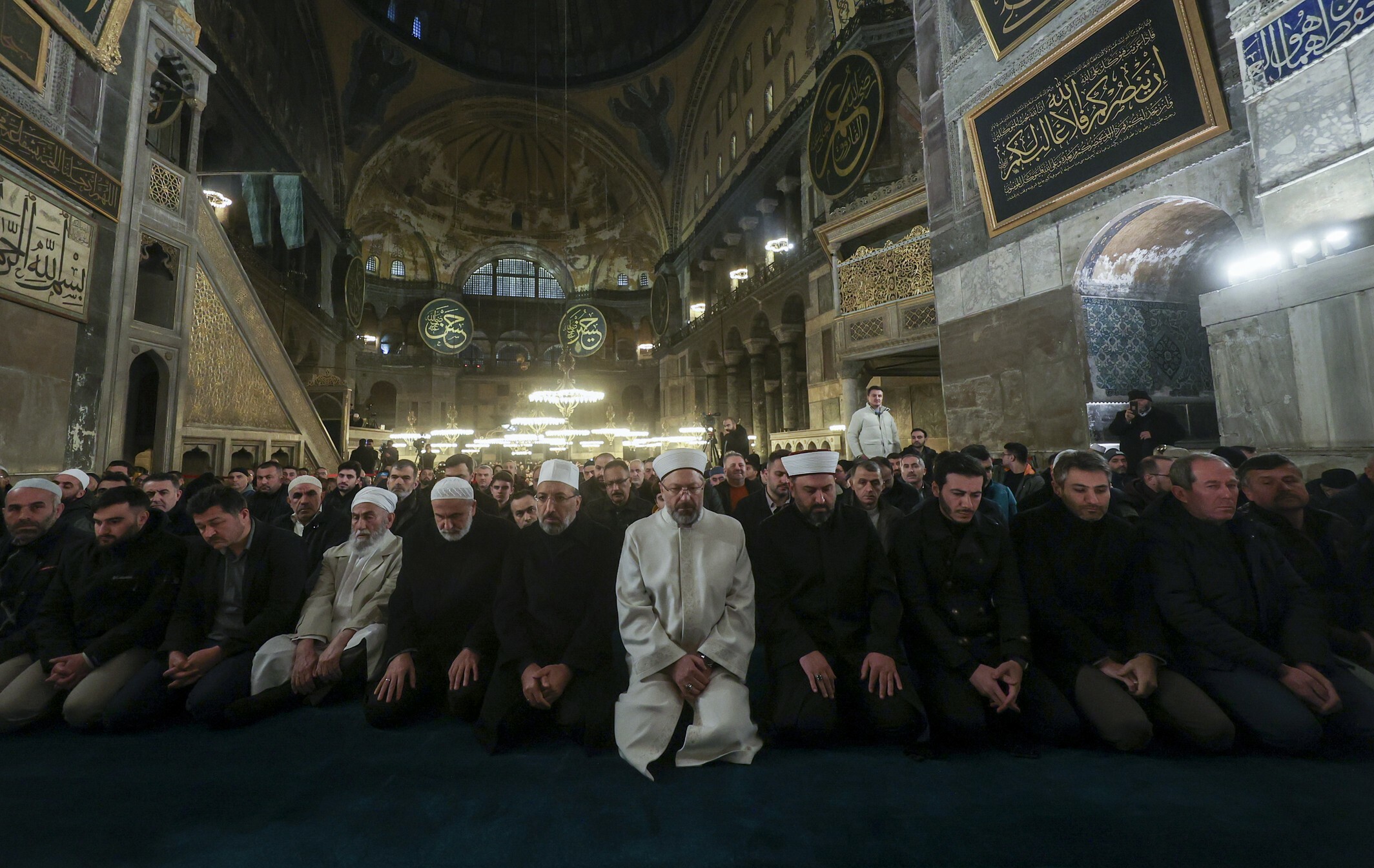 Muslims gather for morning prayer in Hagia Sophia Grand Mosque