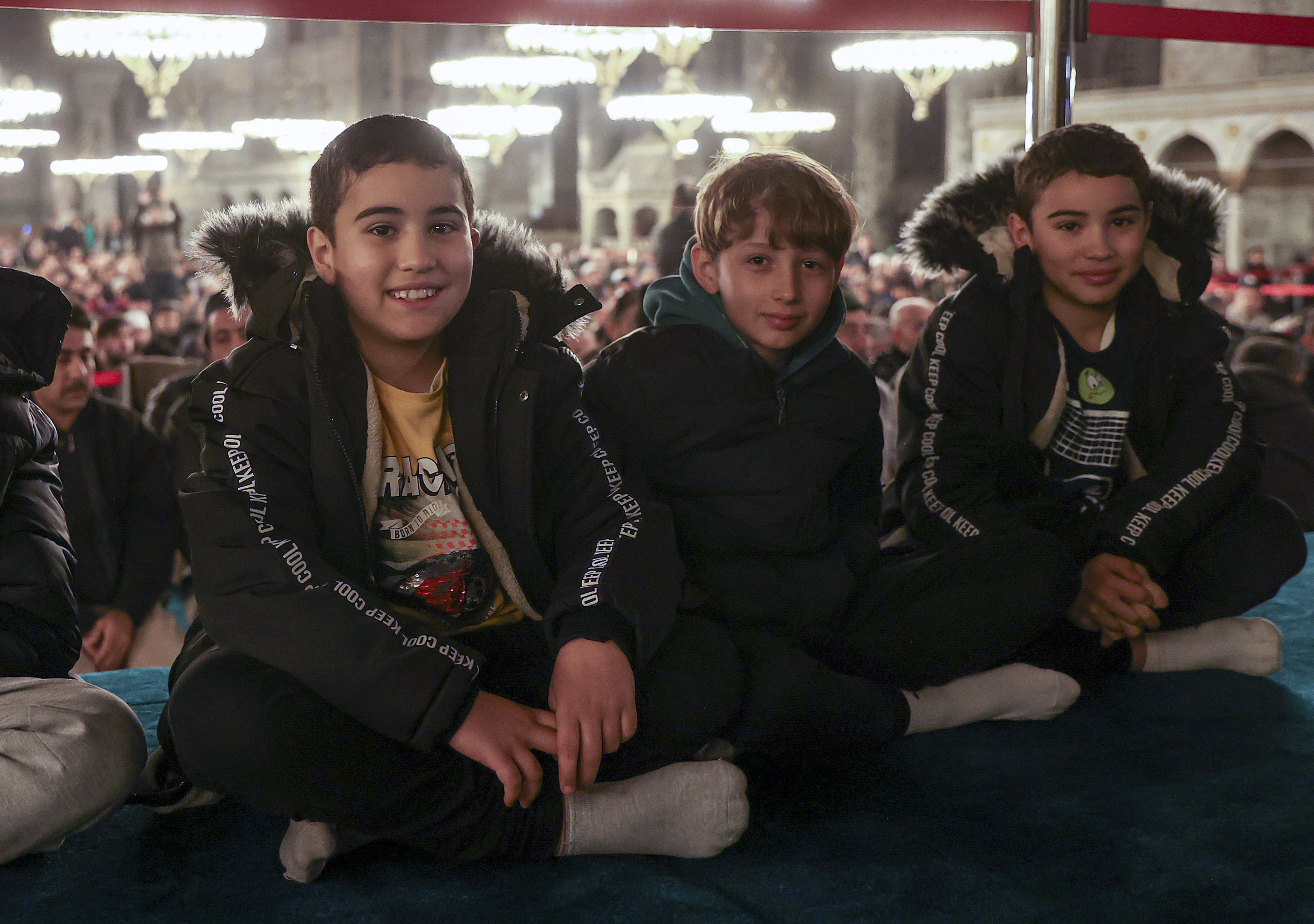 Muslims gather for morning prayer in Hagia Sophia Grand Mosque