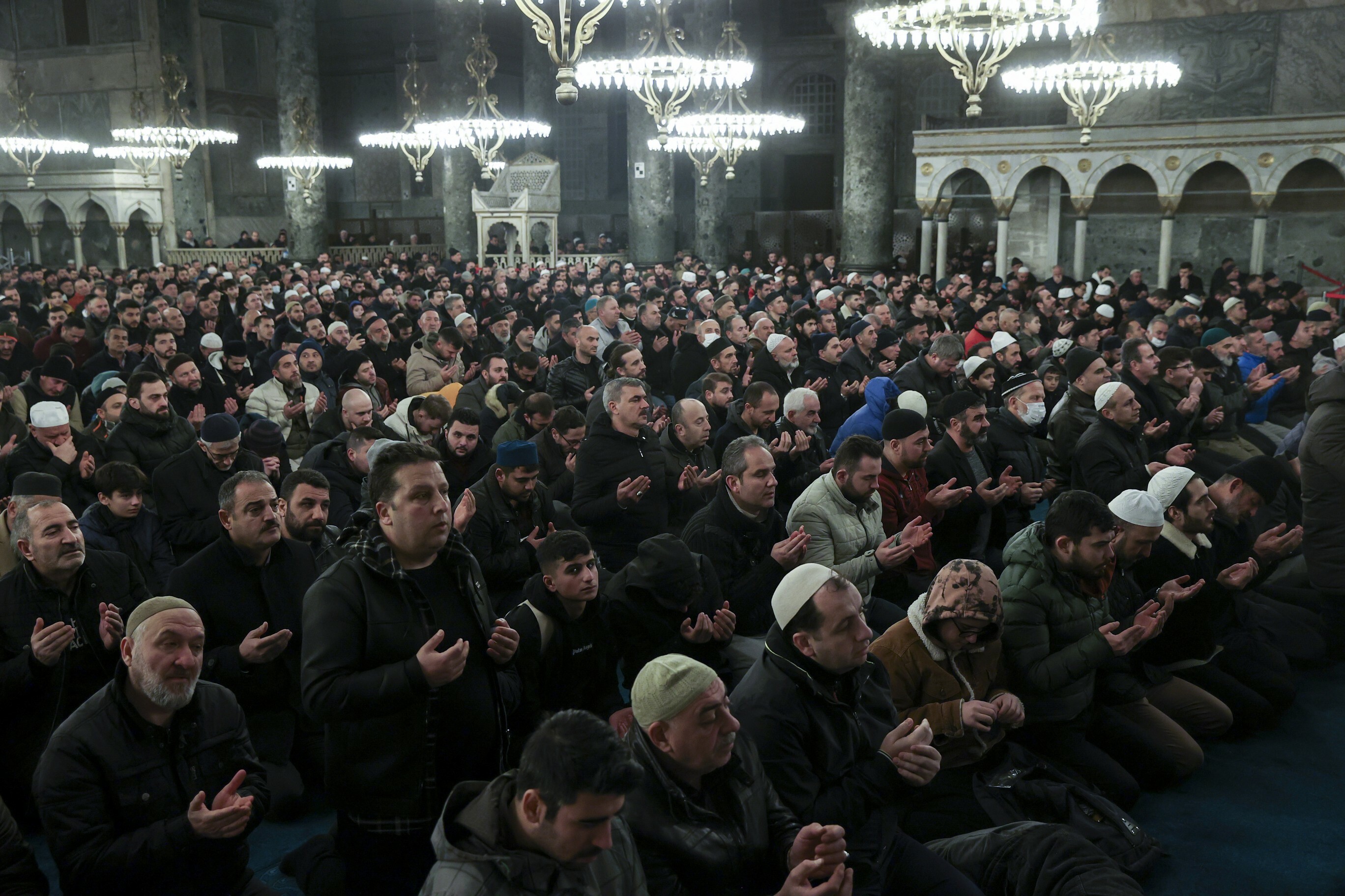Muslims gather for morning prayer in Hagia Sophia Grand Mosque