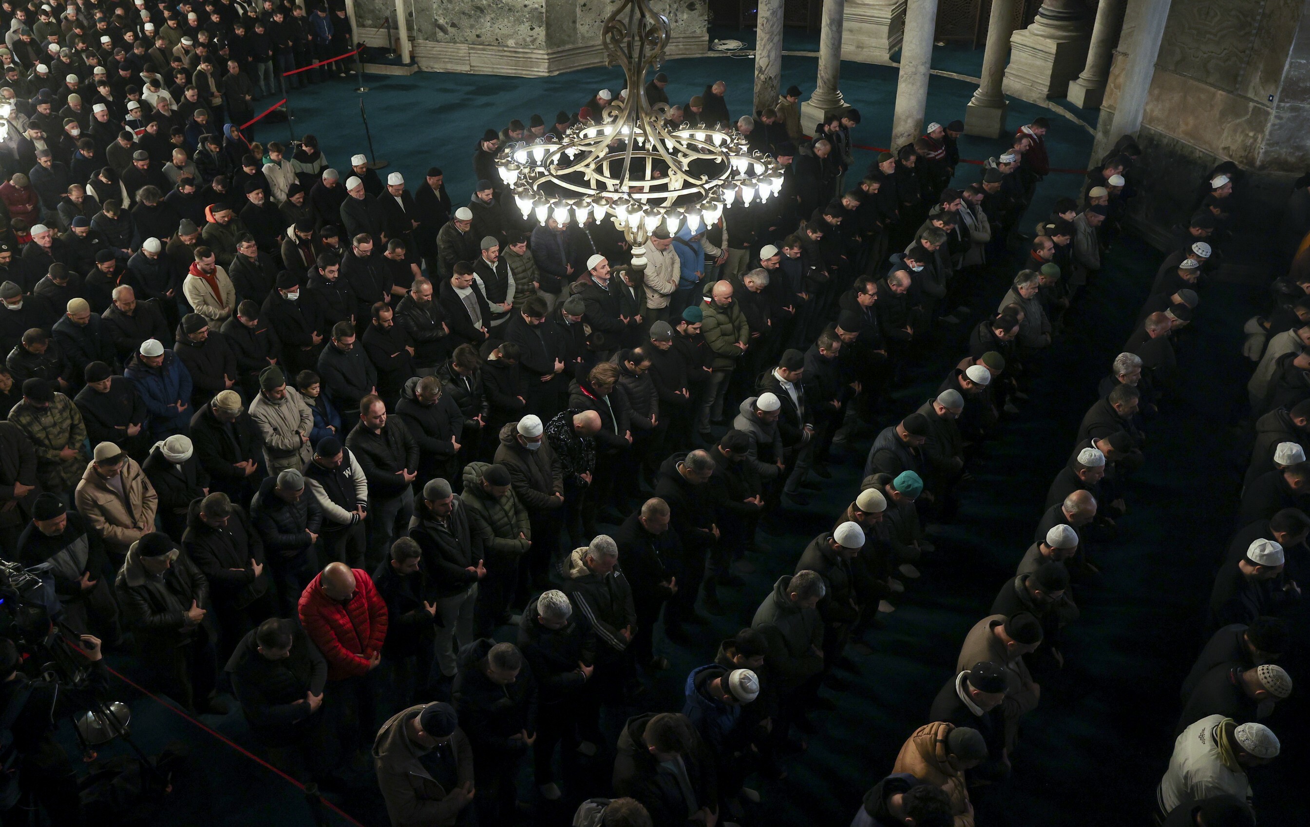 Muslims gather for morning prayer in Hagia Sophia Grand Mosque