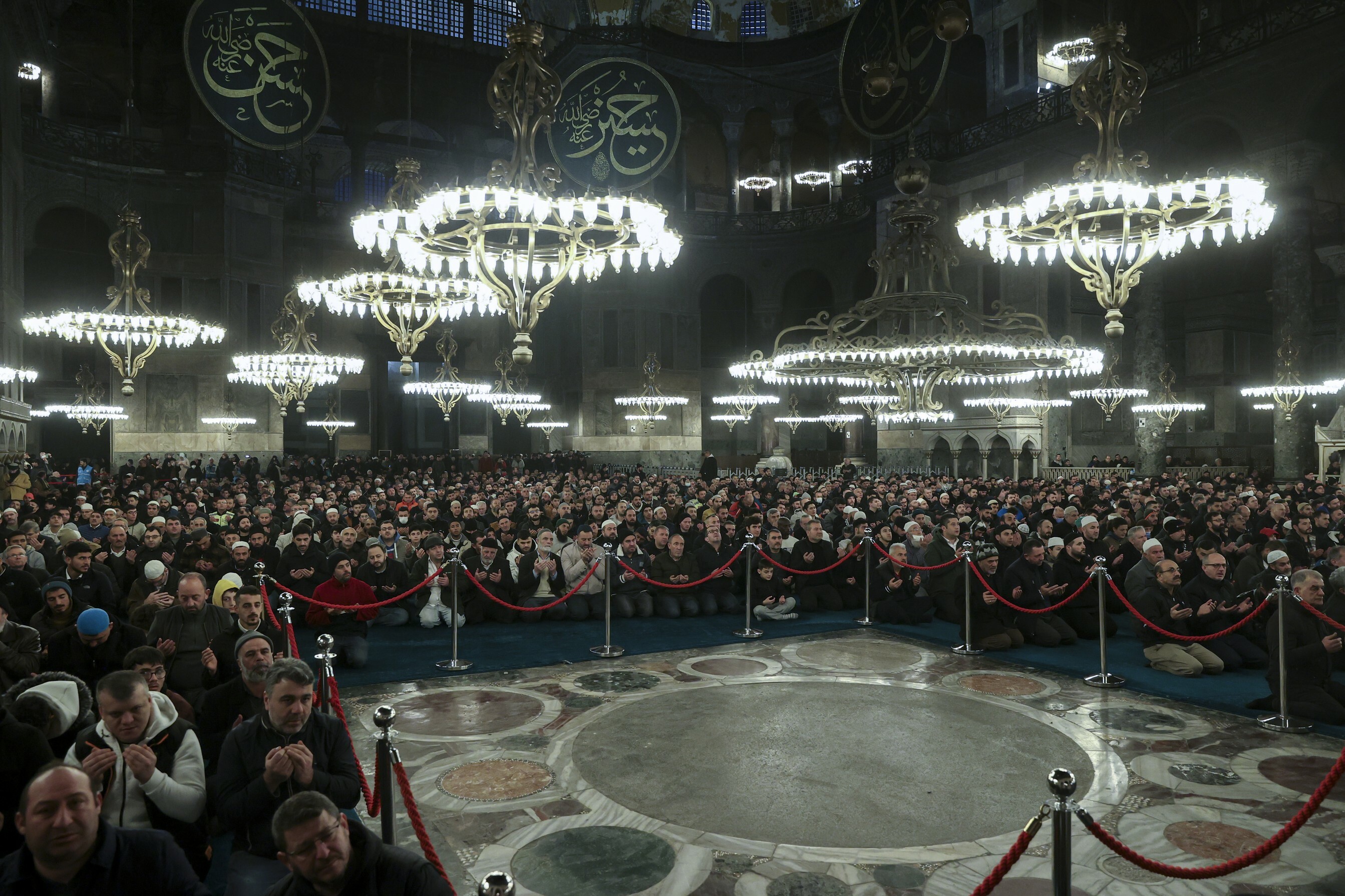 Muslims gather for morning prayer in Hagia Sophia Grand Mosque